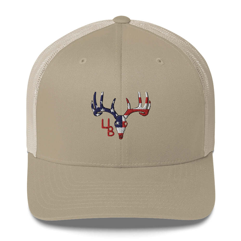 4B Americana Deer Trucker Hat This six-panel trucker cap with a mesh back will be a comfy and classic choice for a perfect day in the sun. • 60% cotton, 40% polyester • Mid-profile cap with a low-profile embroidery area • Structured, six-panel cap • 3.5″