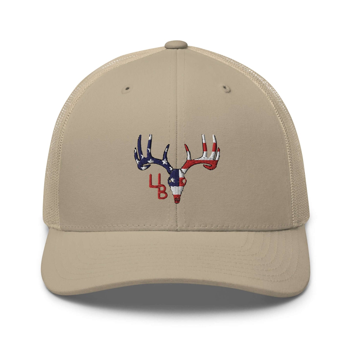 4B Americana Deer Trucker Hat This six-panel trucker cap with a mesh back will be a comfy and classic choice for a perfect day in the sun. • 60% cotton, 40% polyester • Mid-profile cap with a low-profile embroidery area • Structured, six-panel cap • 3.5″